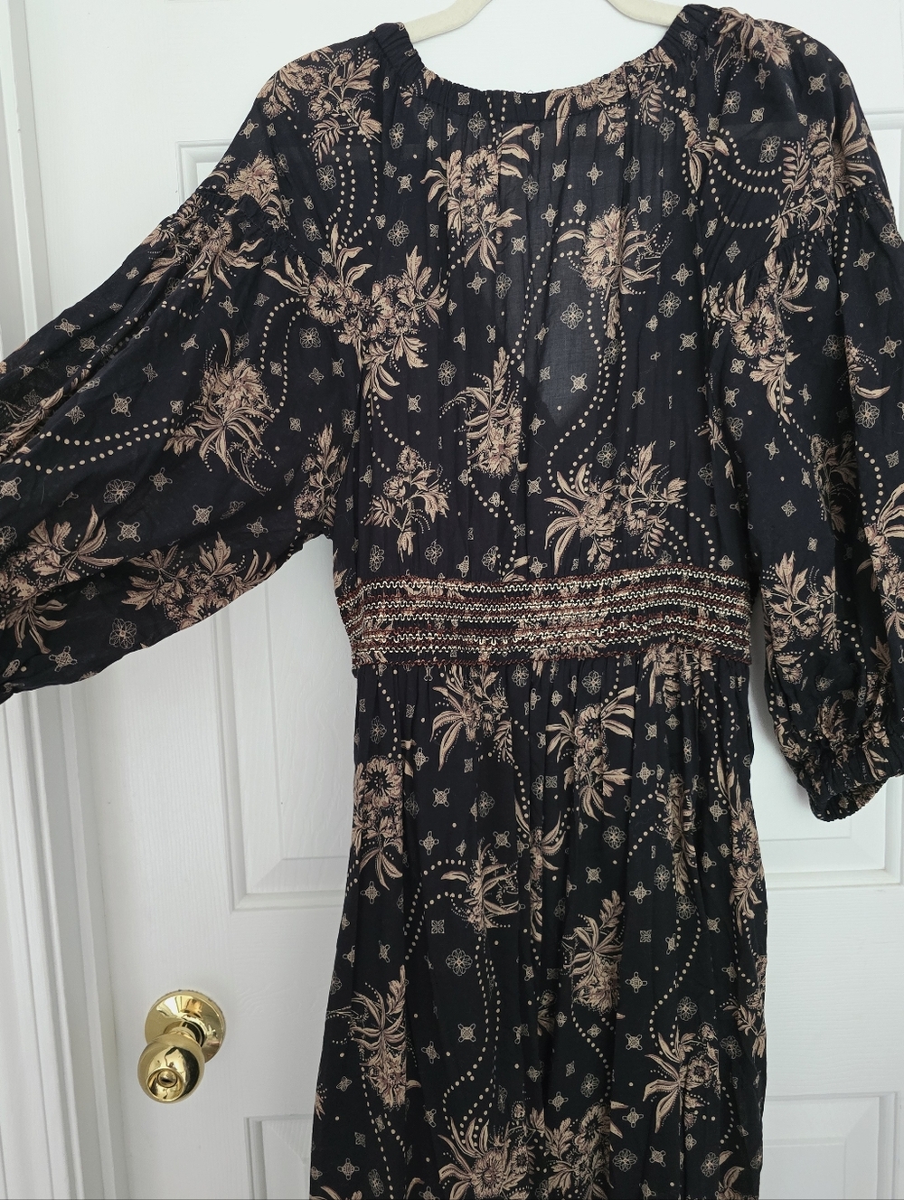 Free People Golden Hour Black Floral Smocked-Waist Maxi Dress